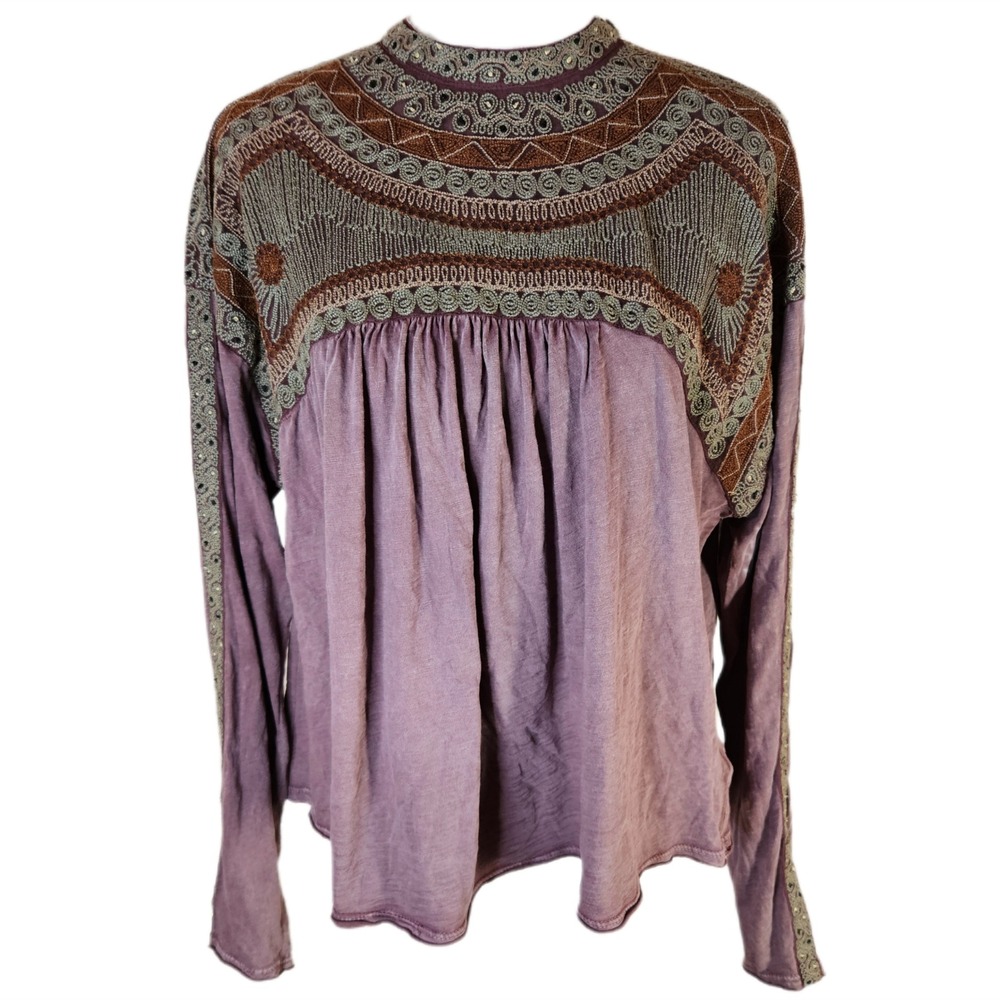 Free People Embroidered High Neck Top Women's Medium Boho Peasant Shabby Chic